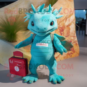 Turquoise Axolotls mascot costume character dressed with a T-Shirt and Wallets