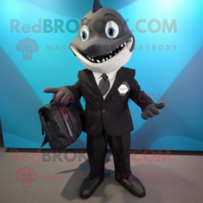 Black Shark mascot costume character dressed with a Suit and Messenger bags