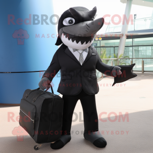 Black Shark mascot costume character dressed with a Suit and Messenger bags
