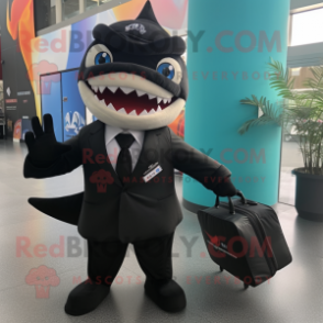 Black Shark mascot costume character dressed with a Suit and Messenger bags