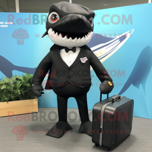 Black Shark mascot costume character dressed with a Suit and Messenger bags