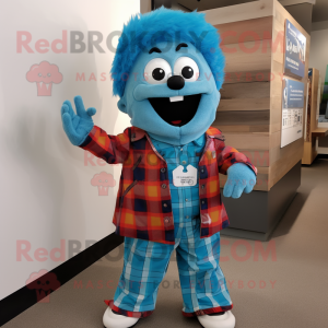 Cyan Tikka Masala mascot costume character dressed with a Flannel Shirt and Wraps