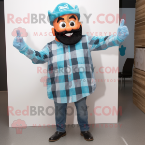 Cyan Tikka Masala mascot costume character dressed with a Flannel Shirt and Wraps