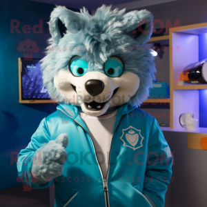 Cyan Wolf mascot costume character dressed with a Jacket and Sunglasses