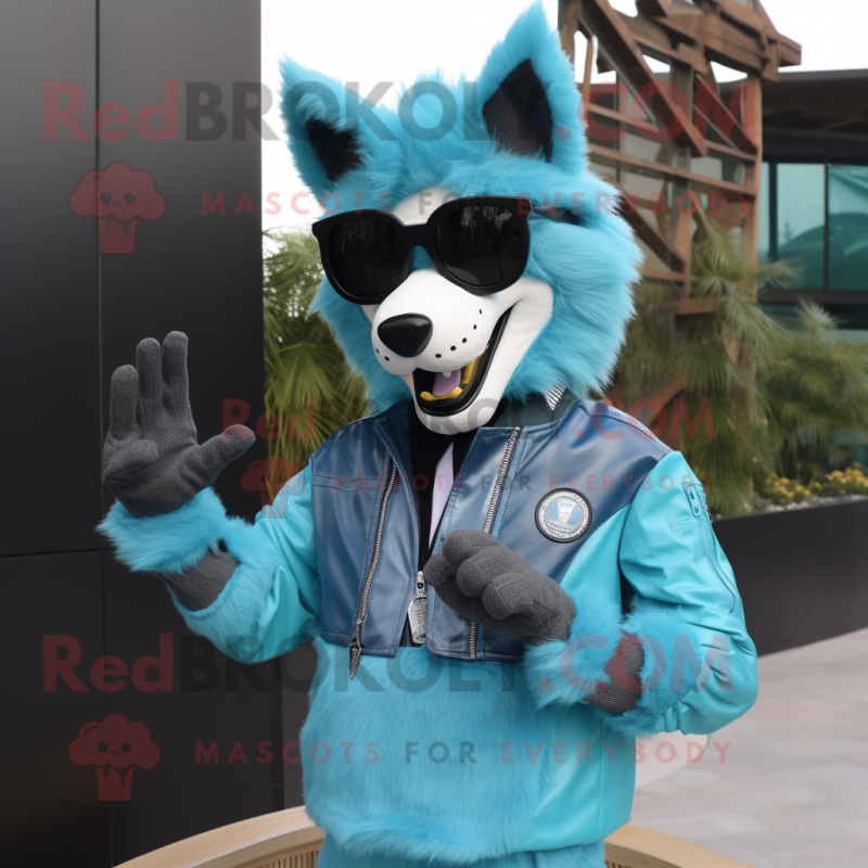 Cyan Wolf mascot costume character dressed with a Jacket and Sunglasses