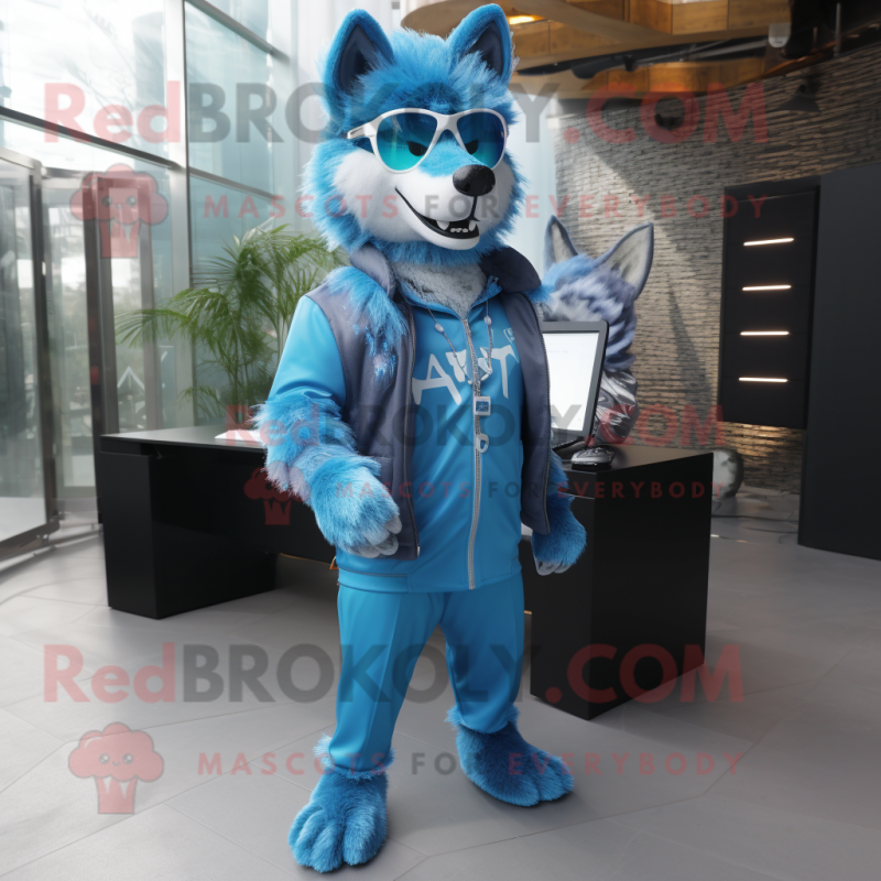 Cyan Wolf mascot costume character dressed with a Jacket and Sunglasses