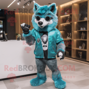 Cyan Wolf mascot costume character dressed with a Jacket and Sunglasses