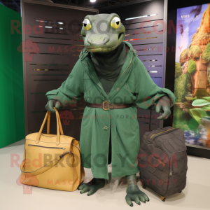 Forest Green Anaconda mascot costume character dressed with a Coat and Tote bags