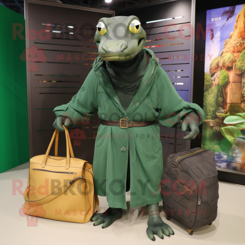 Forest Green Anaconda mascot costume character dressed with a Coat and Tote bags Forest Green Anaconda mascot costume character dressed with a Coat and Tote bags