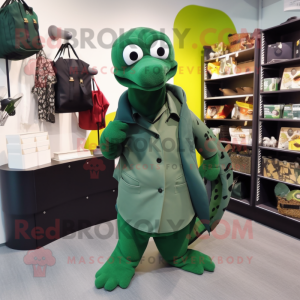 Forest Green Anaconda mascot costume character dressed with a Coat and Tote bags