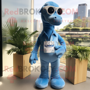 Blue Diplodocus mascot costume character dressed with a Bootcut Jeans and Eyeglasses