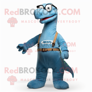 Blue Diplodocus mascot costume character dressed with a Bootcut Jeans and Eyeglasses
