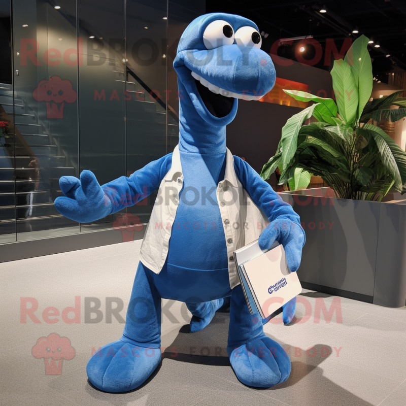 Blue Diplodocus mascot costume character dressed with a Bootcut Jeans and Eyeglasses