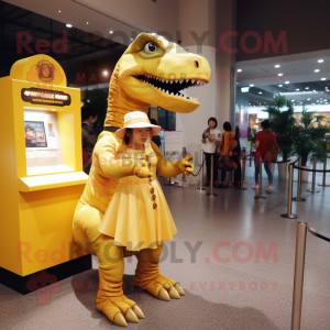 Gold Tyrannosaurus mascot costume character dressed with a A-Line Dress and Keychains
