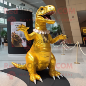 Gold Tyrannosaurus mascot costume character dressed with a A-Line Dress and Keychains