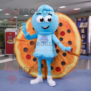 Sky Blue Pizza mascot costume character dressed with a Culottes and Messenger bags