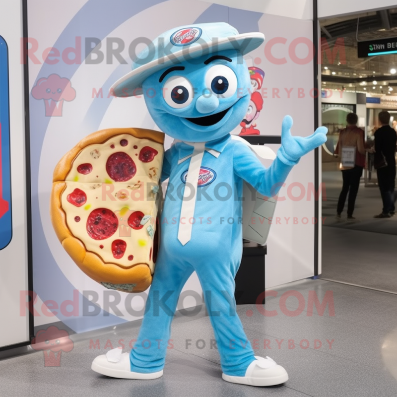 Sky Blue Pizza mascot costume character dressed with a Culottes and Messenger bags Sky Blue Pizza mascot costume character dressed with a Culottes and Messenger bags