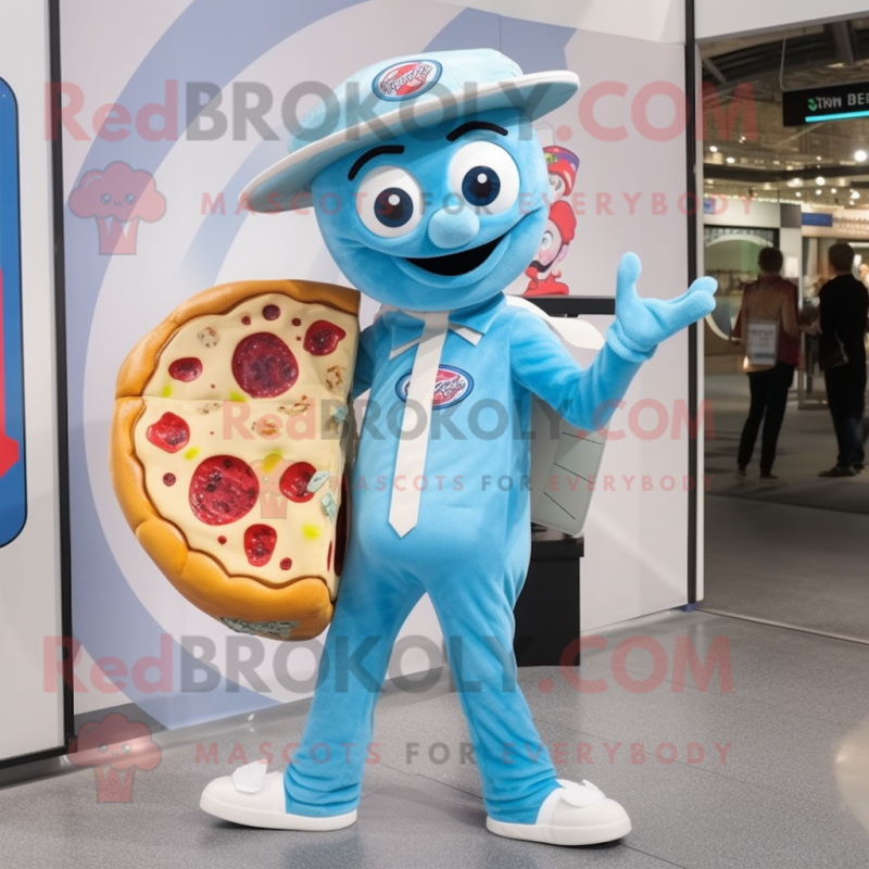 Sky Blue Pizza mascot costume character dressed with a Culottes and Messenger bags