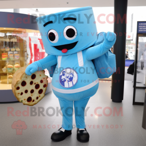 Sky Blue Pizza mascot costume character dressed with a Culottes and Messenger bags