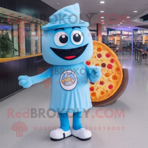 Sky Blue Pizza mascot costume character dressed with a Culottes and Messenger bags