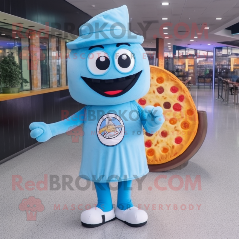 Sky Blue Pizza mascot costume character dressed with a Culottes and Messenger bags Sky Blue Pizza mascot costume character dressed with a Culottes and Messenger bags