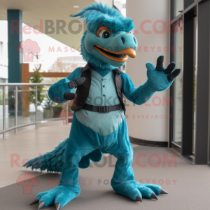 Teal Utahraptor mascot costume character dressed with a Chinos and Gloves