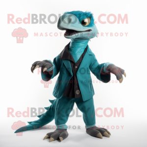 Teal Utahraptor mascot costume character dressed with a Chinos and Gloves