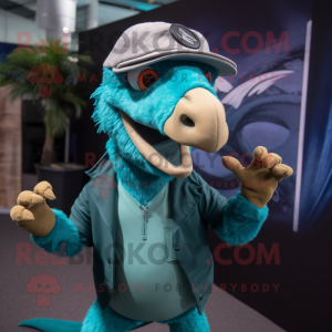 Teal Utahraptor mascot costume character dressed with a Chinos and Gloves