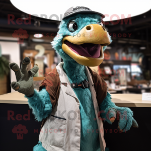 Teal Utahraptor mascot costume character dressed with a Chinos and Gloves