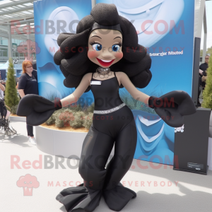Black Mermaid mascot costume character dressed with a Culottes and Suspenders