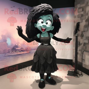 Black Mermaid mascot costume character dressed with a Culottes and Suspenders