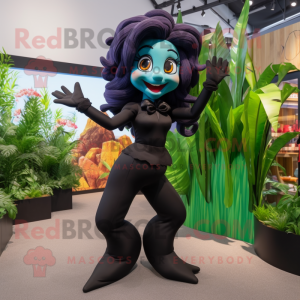 Black Mermaid mascot costume character dressed with a Culottes and Suspenders