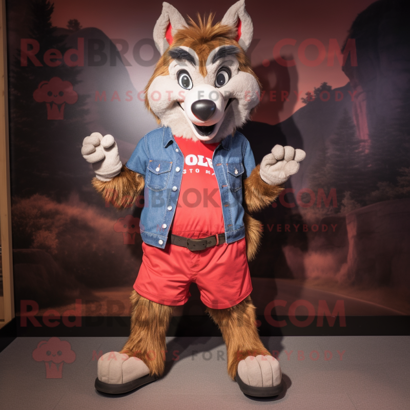 Red Wolf mascot costume character dressed with a Denim Shorts and Foot pads