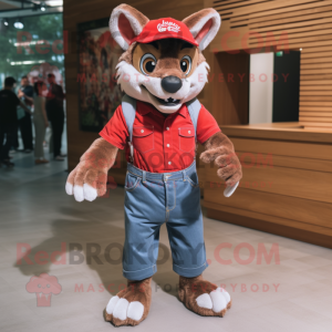 Red Wolf mascot costume character dressed with a Denim Shorts and Foot pads