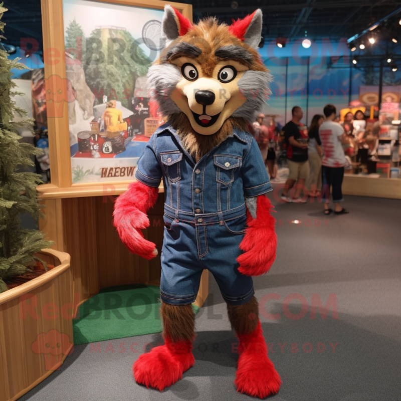 Red Wolf mascot costume character dressed with a Denim Shorts and Foot pads