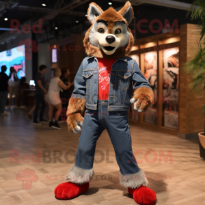 Red Wolf mascot costume character dressed with a Denim Shorts and Foot pads