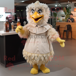 Beige Fried Chicken mascot costume character dressed with a Cocktail Dress and Backpacks
