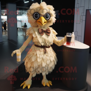 Beige Fried Chicken mascot costume character dressed with a Cocktail Dress and Backpacks