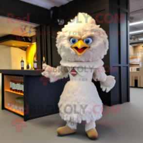 Beige Fried Chicken mascot costume character dressed with a Cocktail Dress and Backpacks