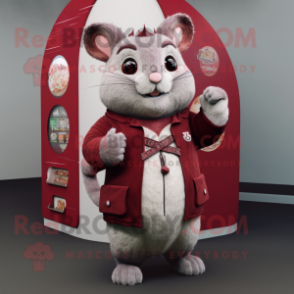 Maroon Chinchilla mascot costume character dressed with a Cardigan and Rings