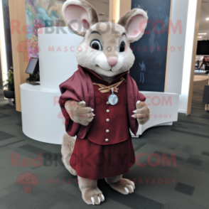 Maroon Chinchilla mascot costume character dressed with a Cardigan and Rings