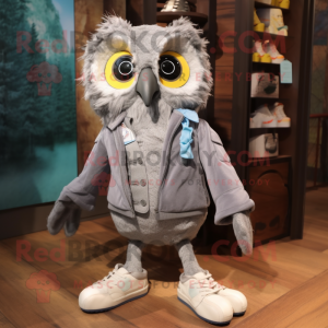 Gray Owl mascot costume character dressed with a Jacket and Shoe laces