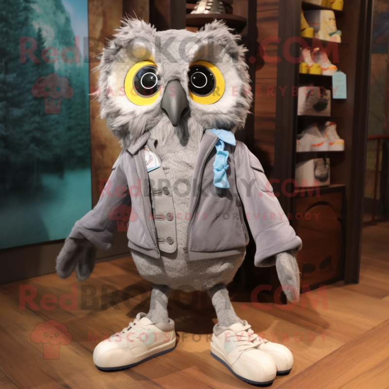 Gray Owl mascot costume character dressed with a Jacket and Shoe laces Gray Owl mascot costume character dressed with a Jacket and Shoe laces