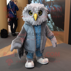 Gray Owl mascot costume character dressed with a Jacket and Shoe laces