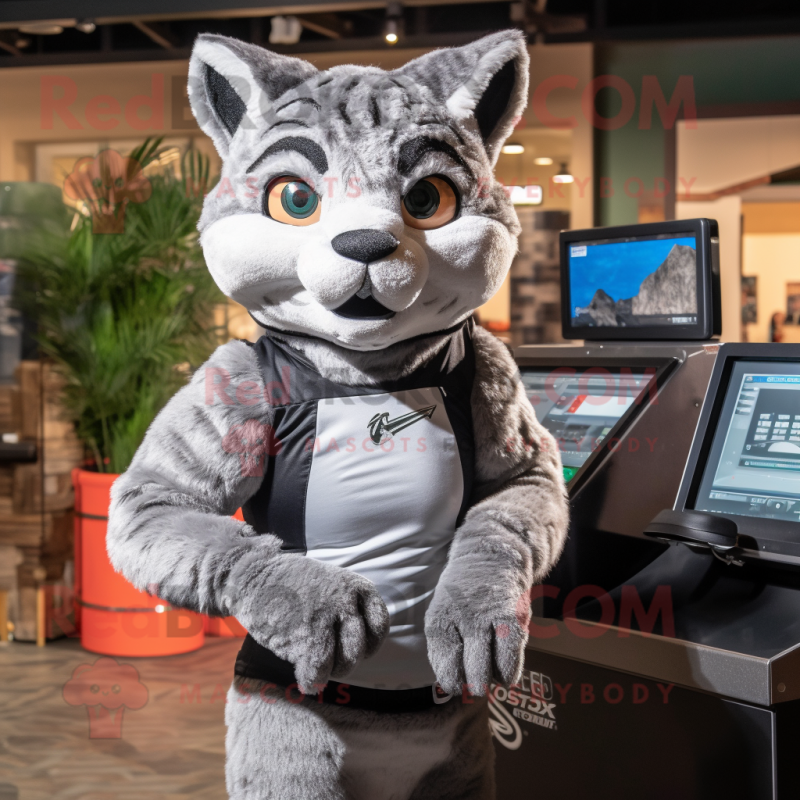 Silver Bobcat mascot costume character dressed with a Tank Top and Wraps