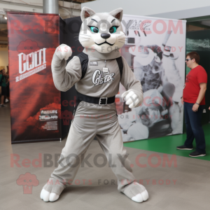 Silver Bobcat mascot costume character dressed with a Tank Top and Wraps