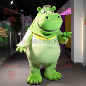 Lime Green Hippopotamus mascot costume character dressed with a Dress Pants and Foot pads