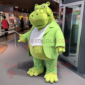 Lime Green Hippopotamus mascot costume character dressed with a Dress Pants and Foot pads