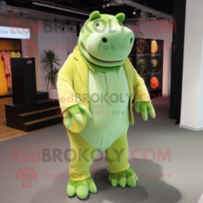 Lime Green Hippopotamus mascot costume character dressed with a Dress Pants and Foot pads