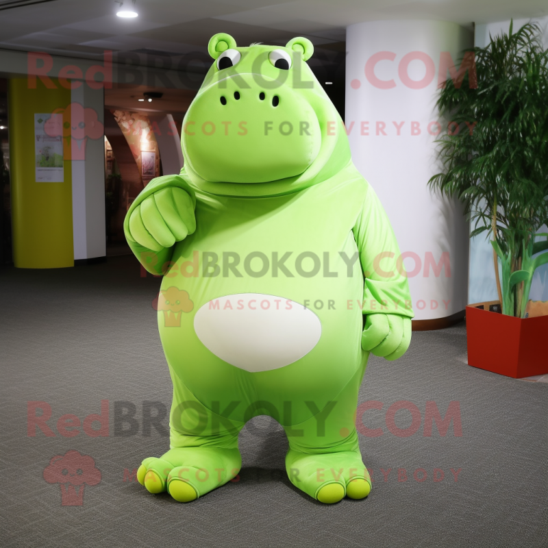 Lime Green Hippopotamus mascot costume character dressed with a Dress Pants and Foot pads